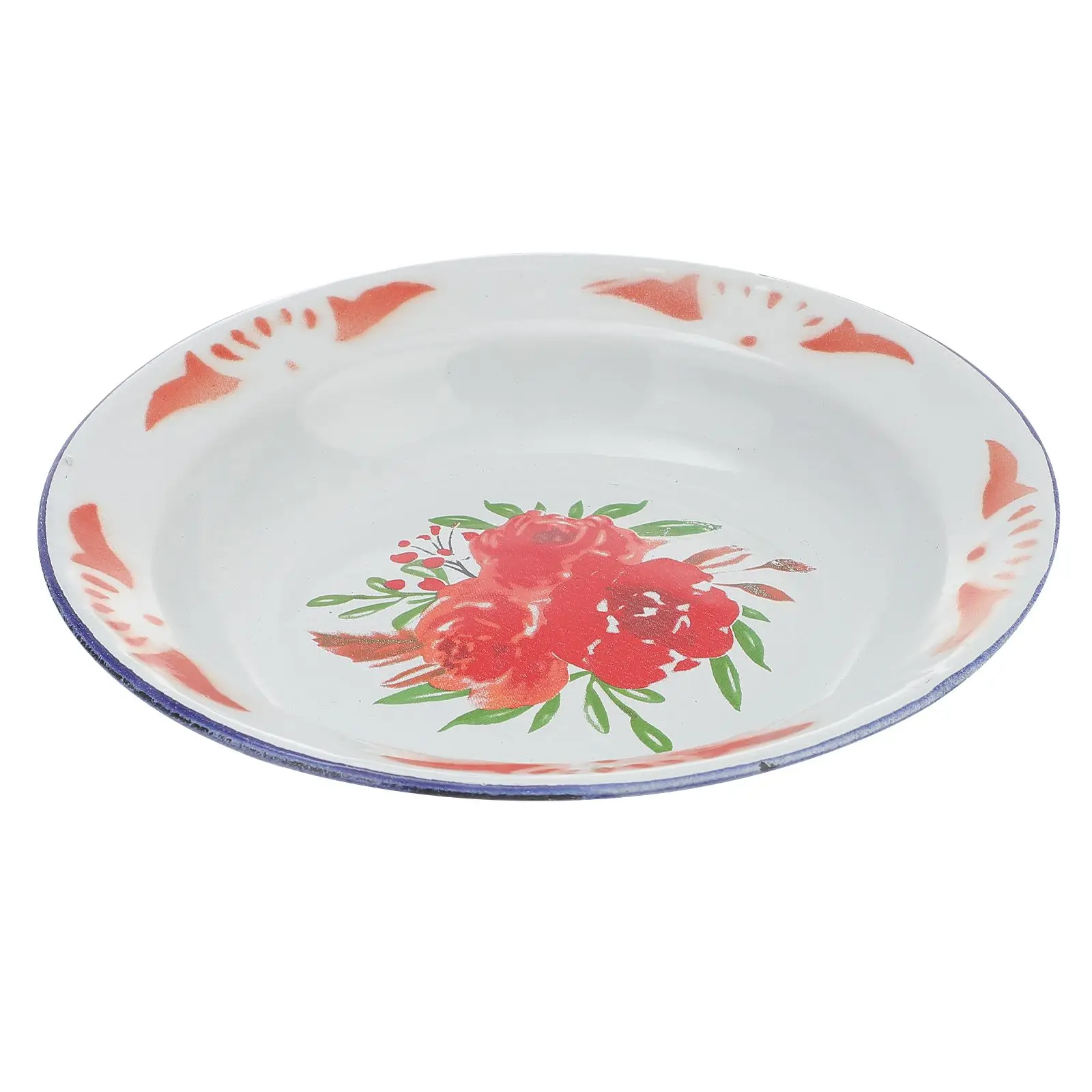 

Enamel Plate Round Vintage Flower Red Easy Use Fruit Wash Food Store Gift Hotel Restaurant Picnic Snack Dish Enamelware Kitchen