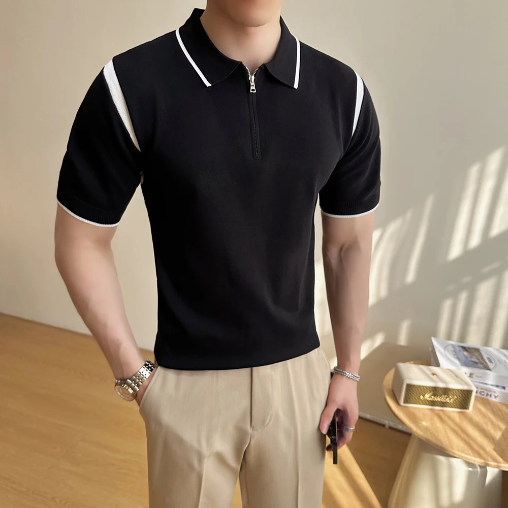 2025 Summer Knitted Polo Shirts Men Color Blocked Half Zipper Knitted T-shirt Short Sleeve Casual Business POLO Men Clothing