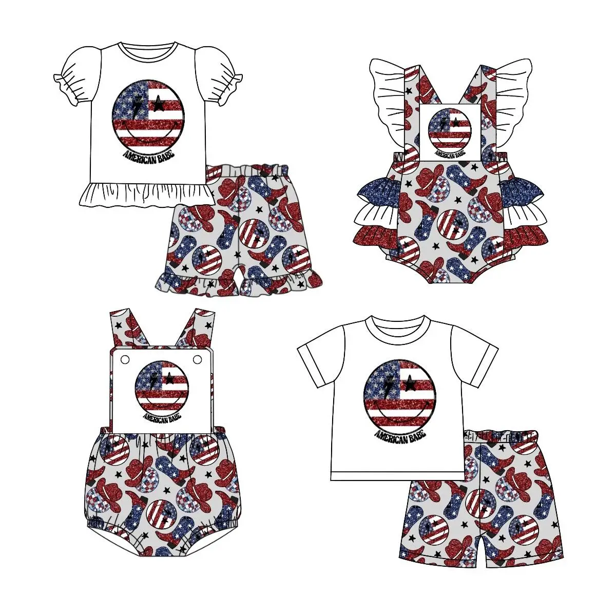 Wholesale Children's Summer Milk Silk Clothing 7.4 Set Independence Day Short Sleeve Flag Western Hat Print