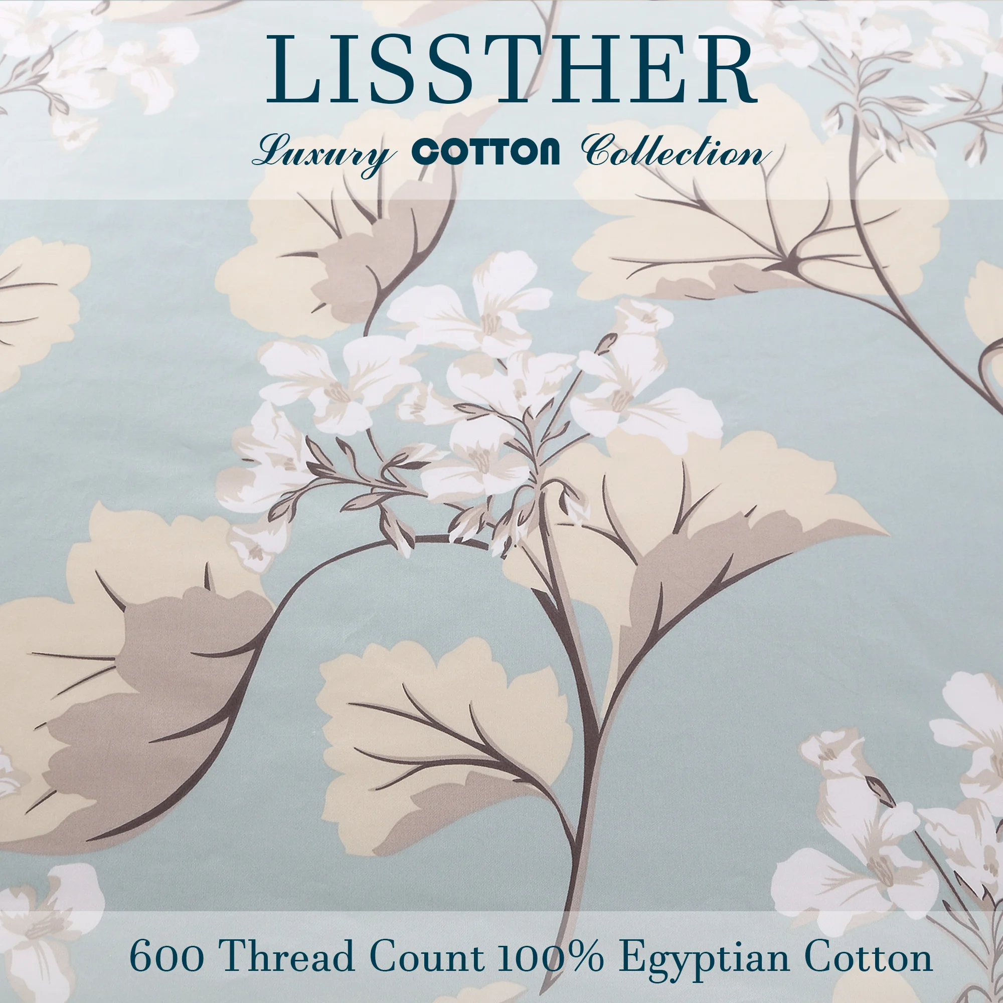 3pcs 600TC 100% Egyptian Cotton Duvet Cover Set, Blue Luxury Leaves Floral, Soft Skin-Friendly (No Inserts)