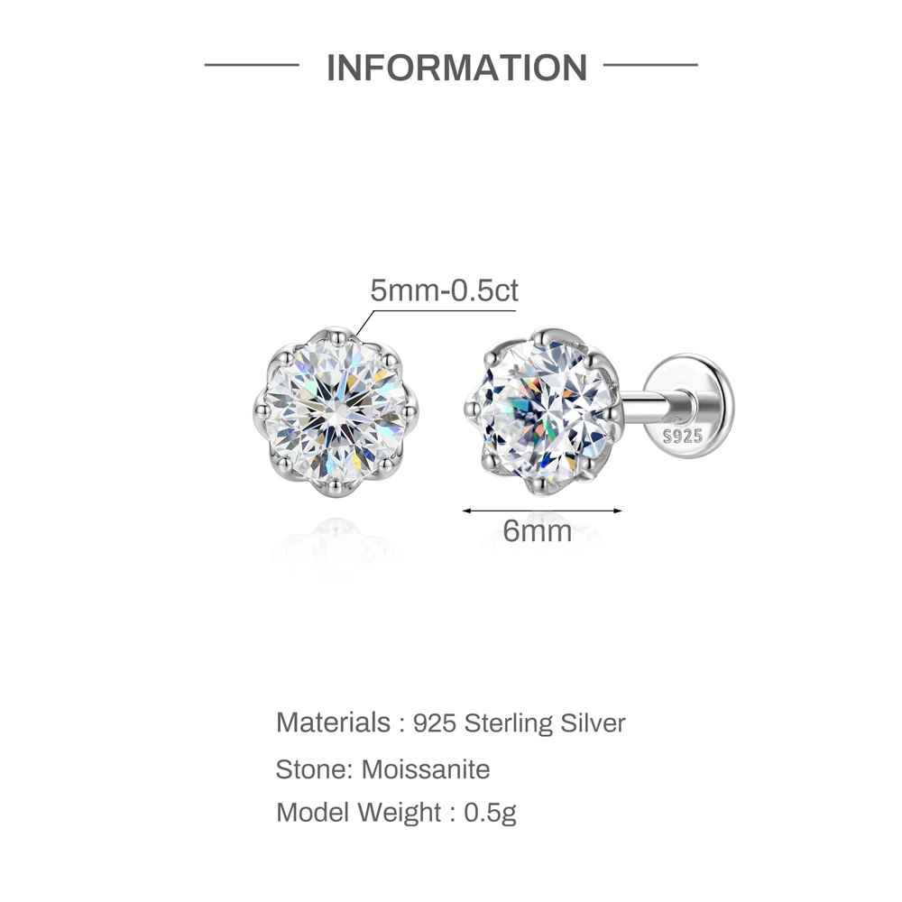 Aide Pure S925 Sterling Silver Moissanite Stud Earring for Women Girls Jewelry Classic Flat Back & Butterfly Back Ear Bone Studs