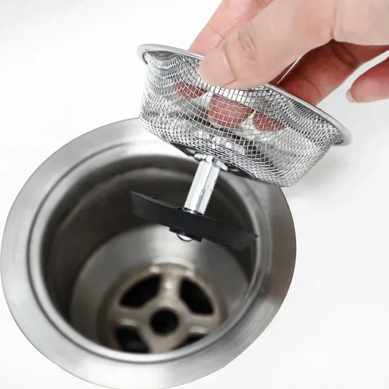 Kitchen Sink Strainer with Handle & Stopper Replacement Sink Drain Basket Stainless Steel Mesh Filter Strainers Waste Hole Trap