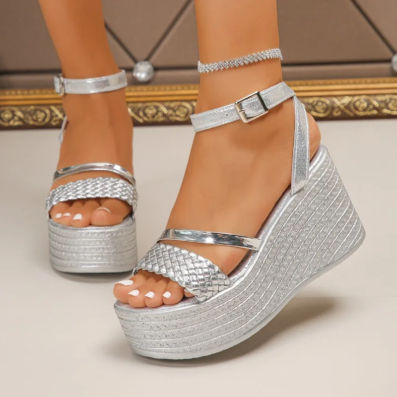 Silver Sequin Wedge Sandals Women\'s Buckle Platform Summer Non-Slip Thick Sole Shoes