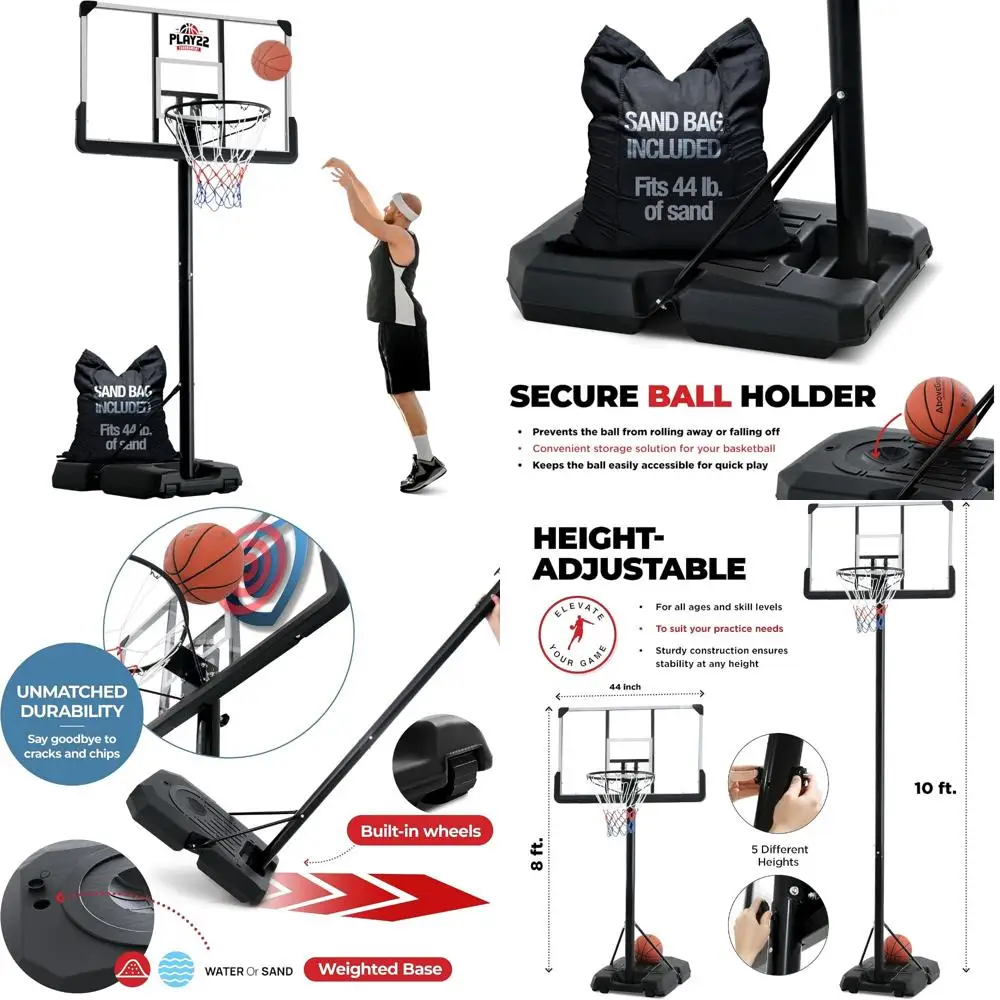 

Adjustable 10ft Basketball Hoop with 44in Shatterproof Backboard - 8-10ft Height Regulation for Outdoor Courts
