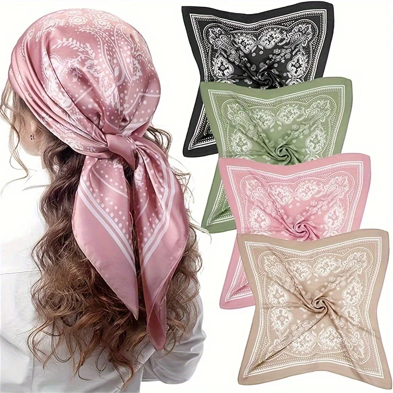 Square Silk Scarf Women Luxury Brand Satin Print Hijab Scarves Muslim Pareo Bandana Female Shawl Wrap Headband Foulard 70*70cm
