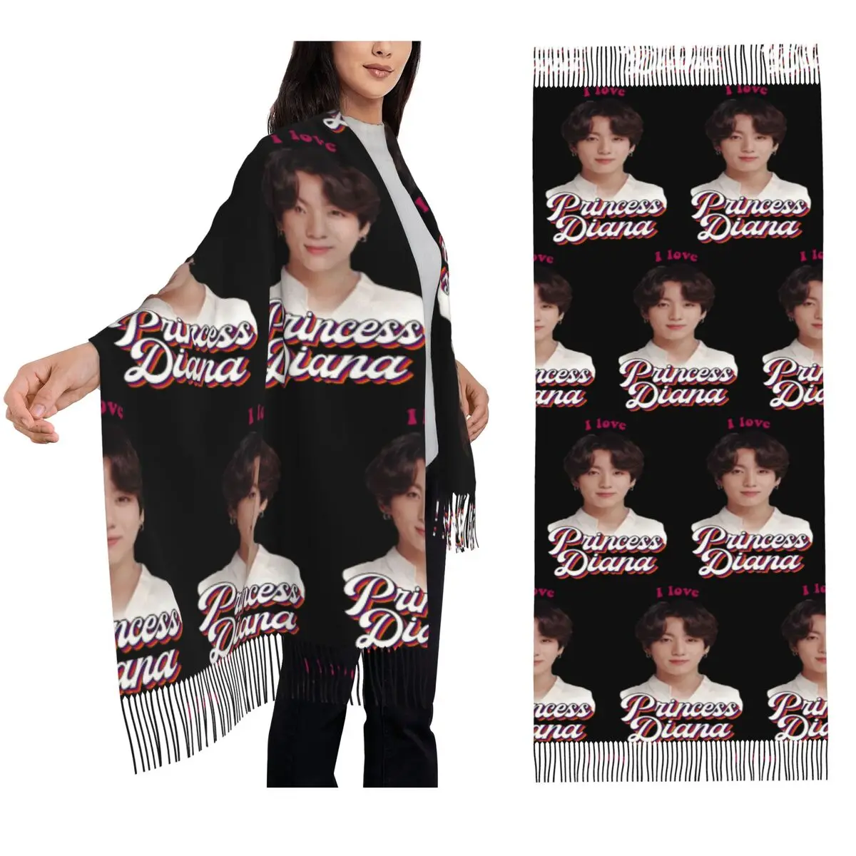 

Princess Diana Jungkook Kpop Retro Meme Scarf Tassel Scarves Women Soft Warm Shawls and Wraps Large Fall Winter Shawl Wrap