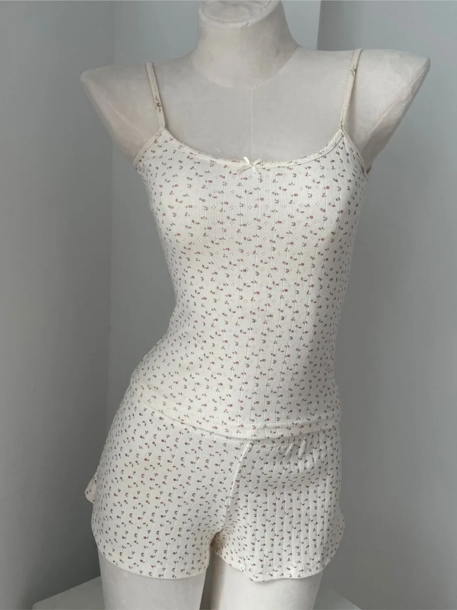 Sweet Floral Print Eyelet Bow Cropped Vests Women Cotton Casual Slim Lace Trim Tank Tops Vintage Preppy Style Cute Camisole Y2K