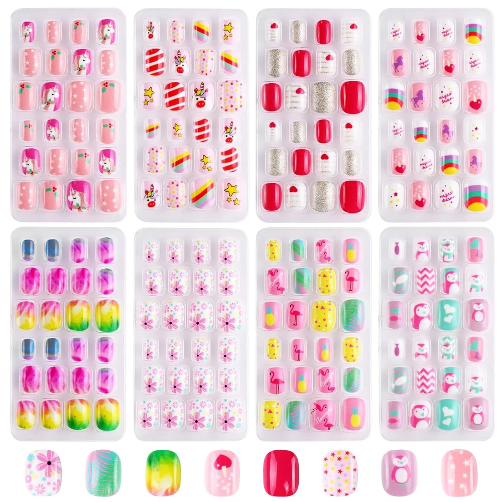 192Pcs Cartoon Children Press On Nail Kawaii Unicorn Penguins Flamingos Fake Nails for Girl Kid's False Fingertips Birthday Gift