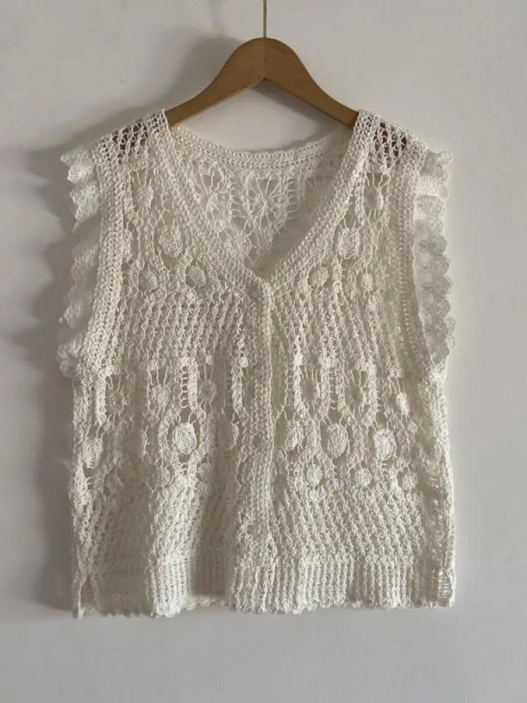 

Summer Beige White Patchwork Lace Crochet Knit Sleeveless Elegant Tank Tops Women's Hollowed Out Single Breasted Vest Clothing