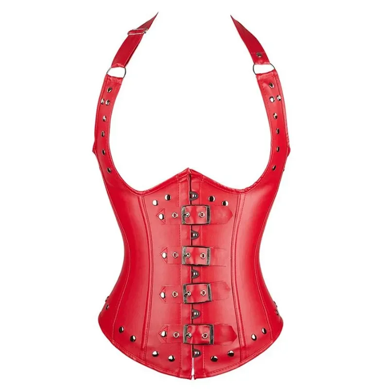 Faux Leather Corsets Underbust Up Lingerie Women Top Strap Corselet Gothic Steampunk Bustier Corset Black Red Plus Size