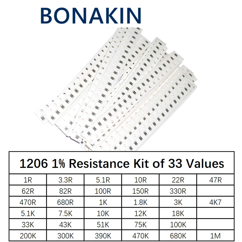 Kit surtido de resistencias SMD 1206, 1 ohm-1m ohm 1% 33valuesX 20 piezas = 660 piezas, Kit de Muestra