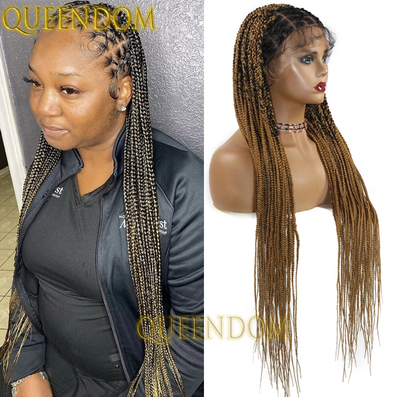 Peluca con trenzas cruzadas sintéticas, 36 pulgadas, Rubio degradado, trenzas Jumbo Cornrow, peluca trenzada, caja de encaje completo, peluca trenzada para mujeres negras