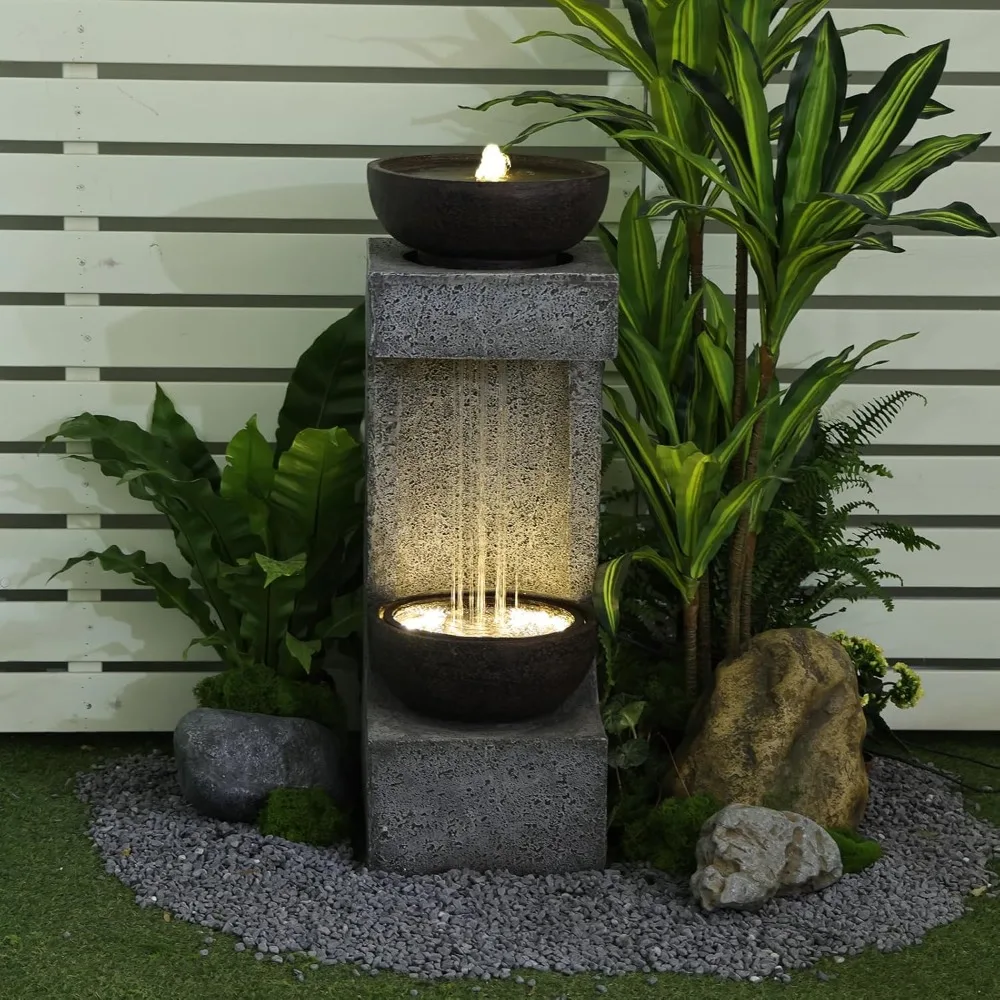 

33.9" H Water Fountain Outdoor Garden Waterfall Decor for Garden, Patio, Backyard, with Lights and Stone Planter, Fountain