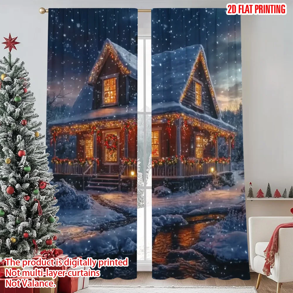 

2pcs 2D flat printing Merry Christmas Curtain Christmas Lodge with Snowman Scenery Versatile 100% Polyester Without Electricity