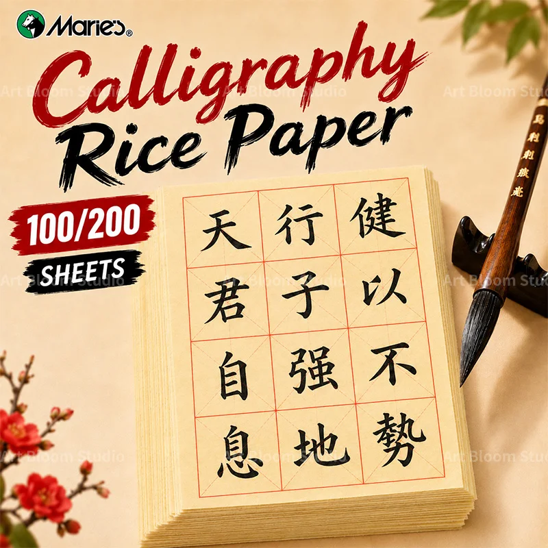Marie's 100/200 Sheets Chinese Calligraphy Practice Paper, 12 Grid 10cm Rice Paper for Brush Pen Writing & Handwriting
