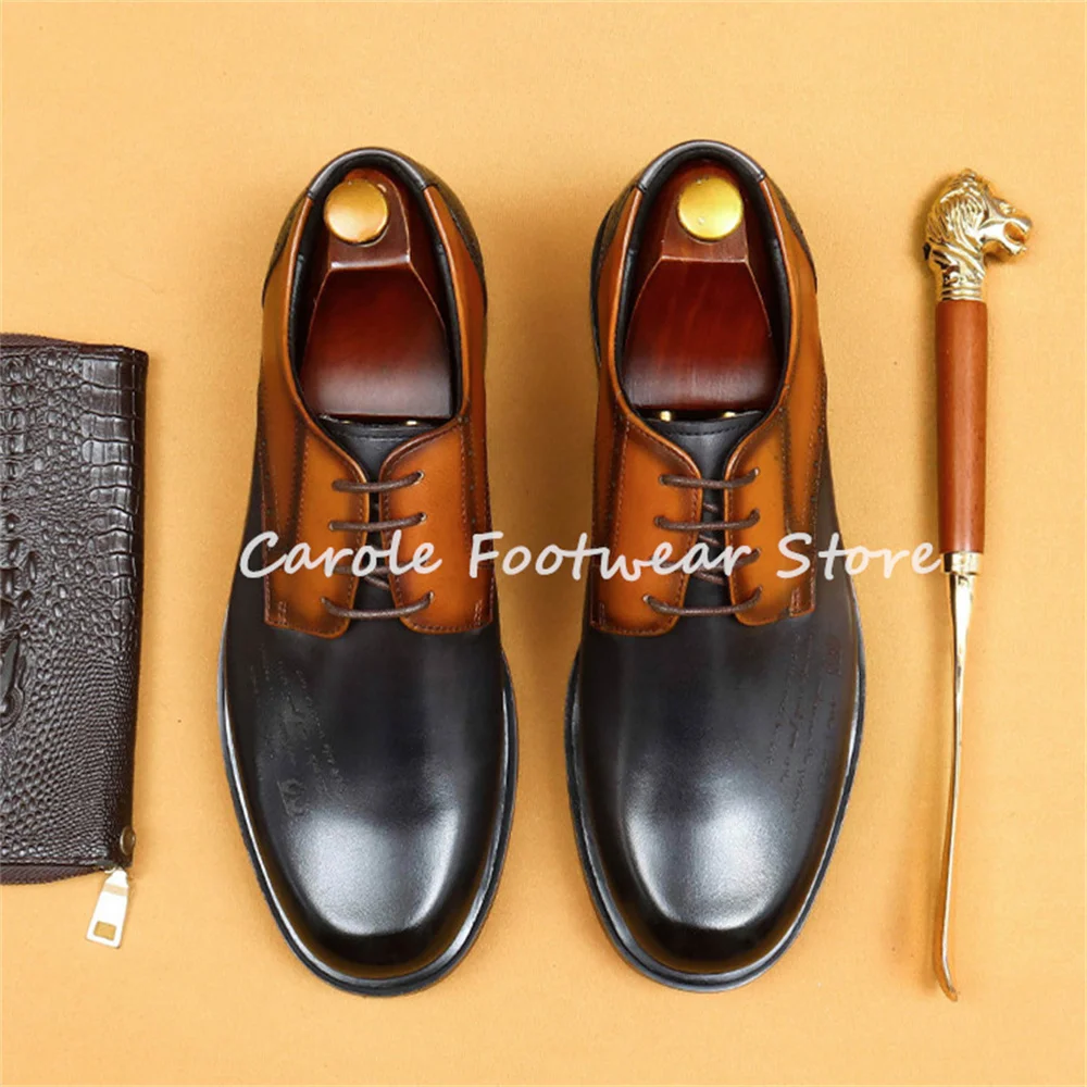 

Retro Carving Genuine Leather Derby Shoes for Men Mixed Color Round Toe Chunky Heel Lace-up Oxfords Male Business Dress Loafers