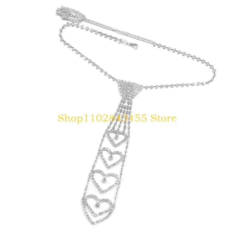 49MC Exaggerated Rhinestones Temperament Necklace Dance Blings Girl Uniform Necktie for Special Occasion and Evening Event
