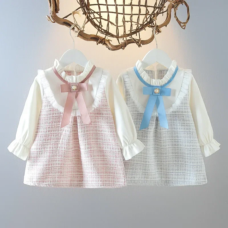 New In Spring Toddler Girl Dresses Korean Fashion Cute Bow Mesh Plaid Long Sleeve Princess Kids Dress Baby Clothes Outfit