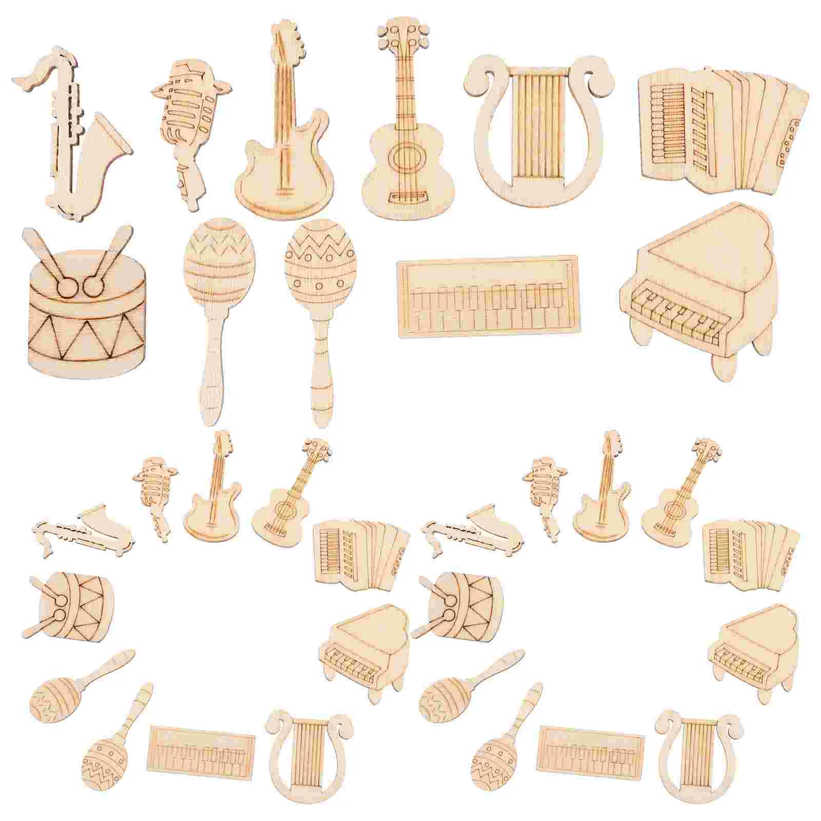 100 Pcs Wooden Cartoon Musical Notes Piano Guitar Bass Saxophone Instrument Series DIY Handmade Decorative Chips 100pcs