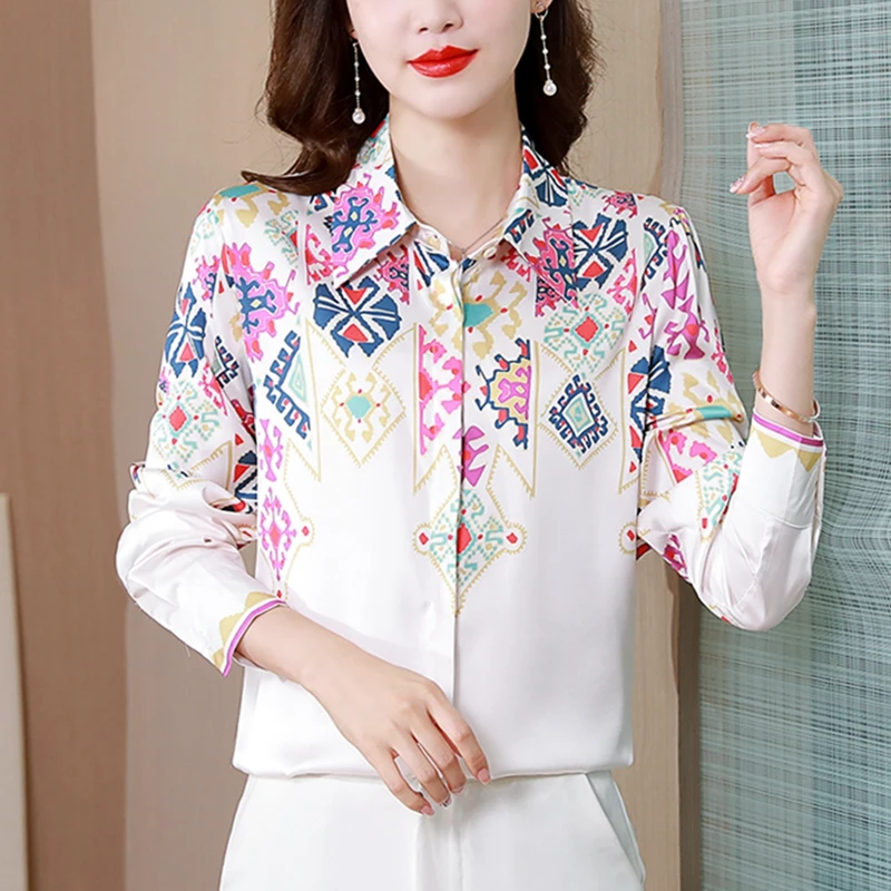 

2023 Spring Summer Satin Silk Shirts Women Blouses Casual Loose Long-Sleeved Fashion Printed Ladies Work Shirts Female Tops