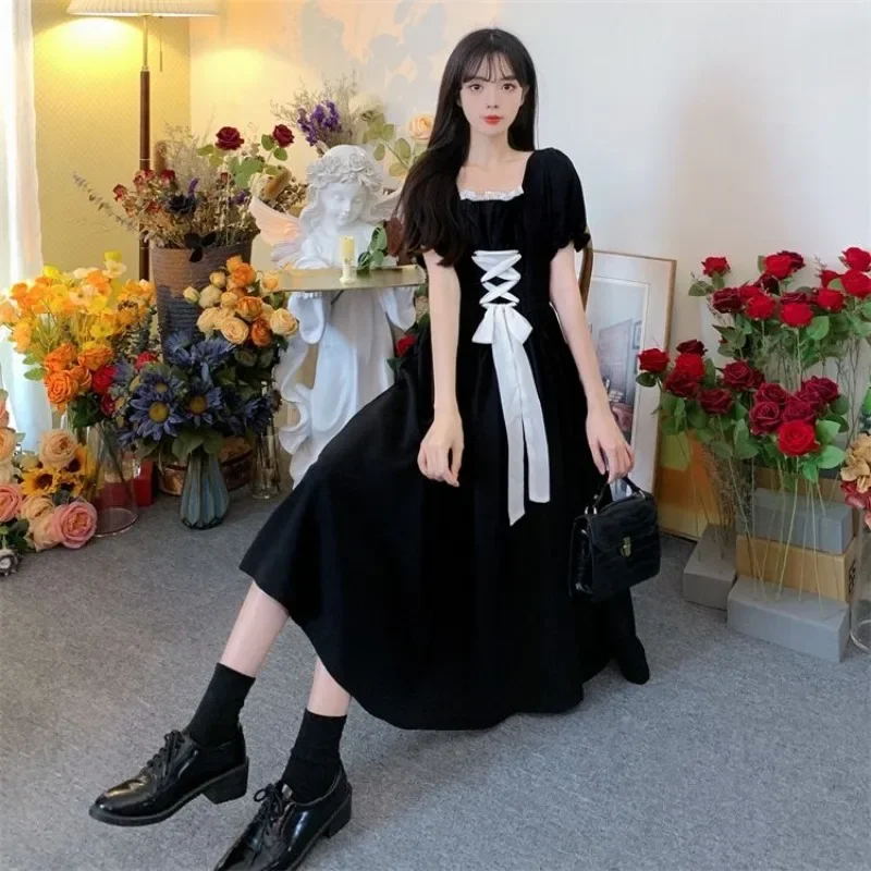 French Retro Dresses Women Square Collar Puff Sleeve Pleated Bandage Flattering Waist A-line Midi Princess Style Elegant Girls