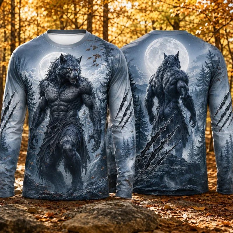 Men Polyester 3D Print Werewolf Full Moon Graphic Long Sleeve T-shirt Crew Neck Forest Claw Mark Casual Tops