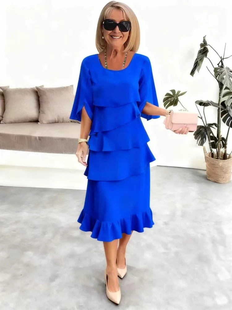 

2026 Summer Elegant Commuter Women's Dress Fashionable Solid Color O-neck Multi-layer Ruffle Loose Cake Skirt Ropa Para Mujer