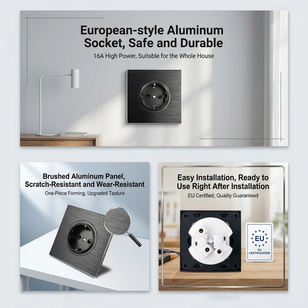 Black Matte Wall Switch EU French Wall Socket, USB Charger Brushed Aluminum, CAT6 HDMI Modules Free Combination, L6 Series