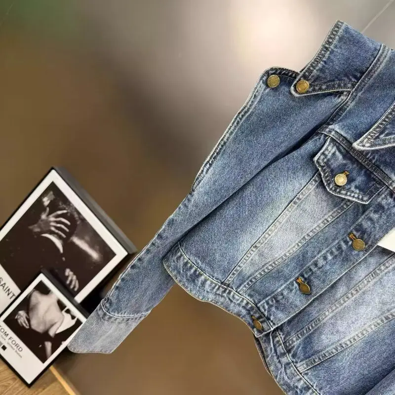 Woman Peaked Collar Denim Jacket Streetwear Retro Triangular Shoulder Spliced Jeans Coat Holes Long Sleeve Cowboy Outwear Tops