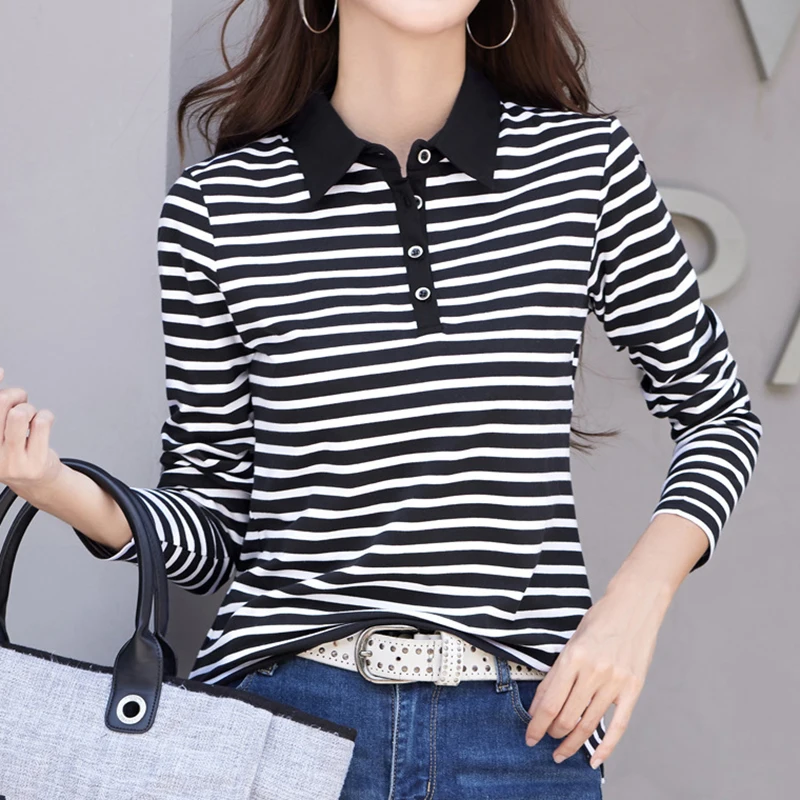 Button Turn-Down Collar Cotton T-Shirts Women Striped T Shirt Long Sleeve Autumn Korean Casual Clothes Tee Shirt Femme Camisetas