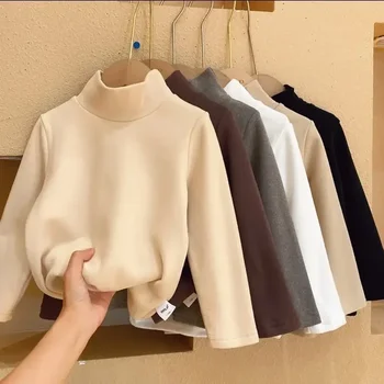 Winter Baby Warm Top Boys Girls Velvet Inner Solid Color Bottom Children's Half High Collar Long Sleeve T-shirt Kids Clothes 2