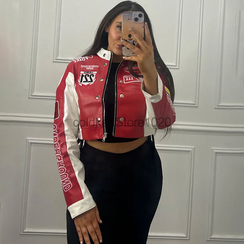 New Women Fashion Hipster Jacket Y2K Letter Printed Hipster Motorcycle Jackets Spring Autumn Single-Breasted Casual Coat