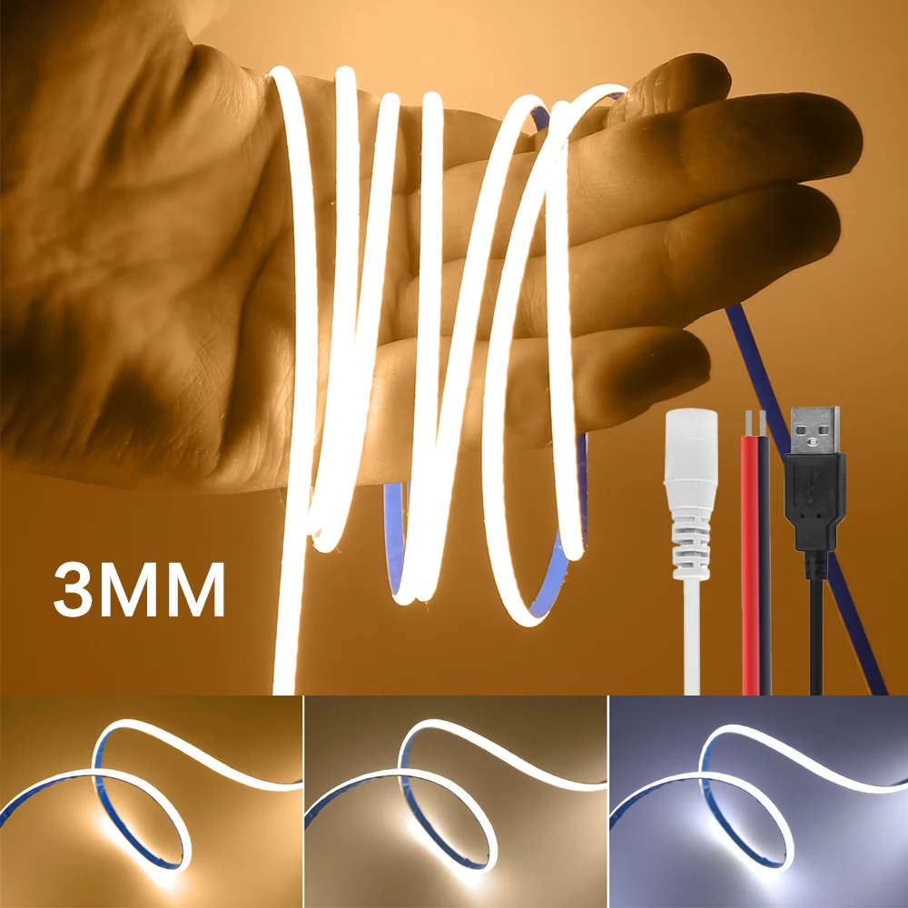 Ultra Thin 3MM COB LED Strip Light 5V 320Leds/m Flexible Tape High Density Linear Light Warm Natural Cool White for Home Decor