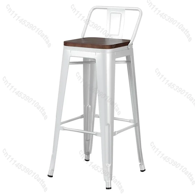 Modern Simple Wrought Iron & Solid Wood Bar Chair, Backrest High Stool For Cashier Coffee Home Furniture