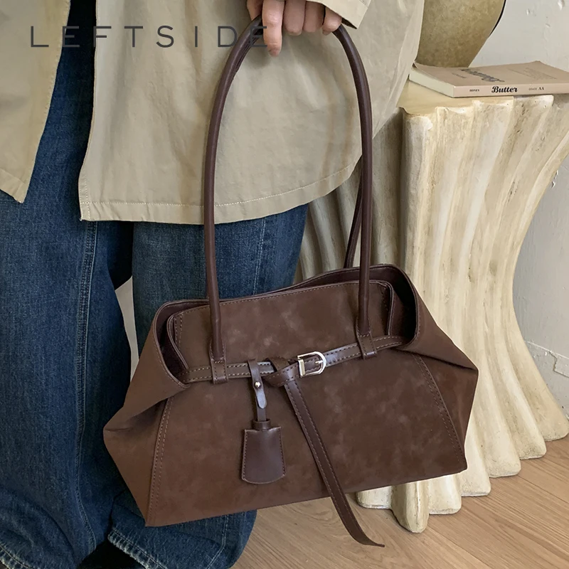 

Левая сторона, женская коричневая замшевая кожаная сумка, кошелек-портфель с ручкой сверху и ремешком, винтажная шикарная большая сумка-тоут для ежедневного использования