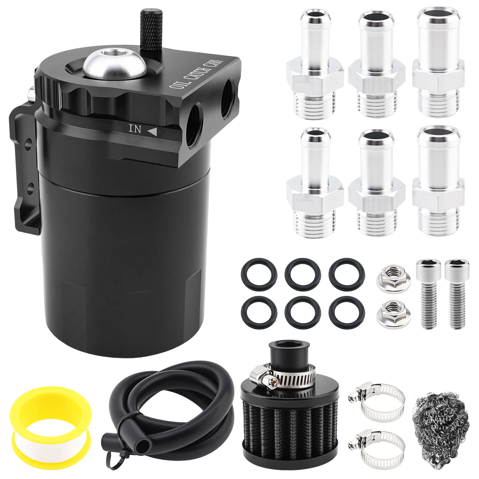 1 Set 300ml Baffled Oil Catch Can Kit for PCV System with Breather Filter, 3/8 inch Fuel Line, Aluminum Oil Separator Tank