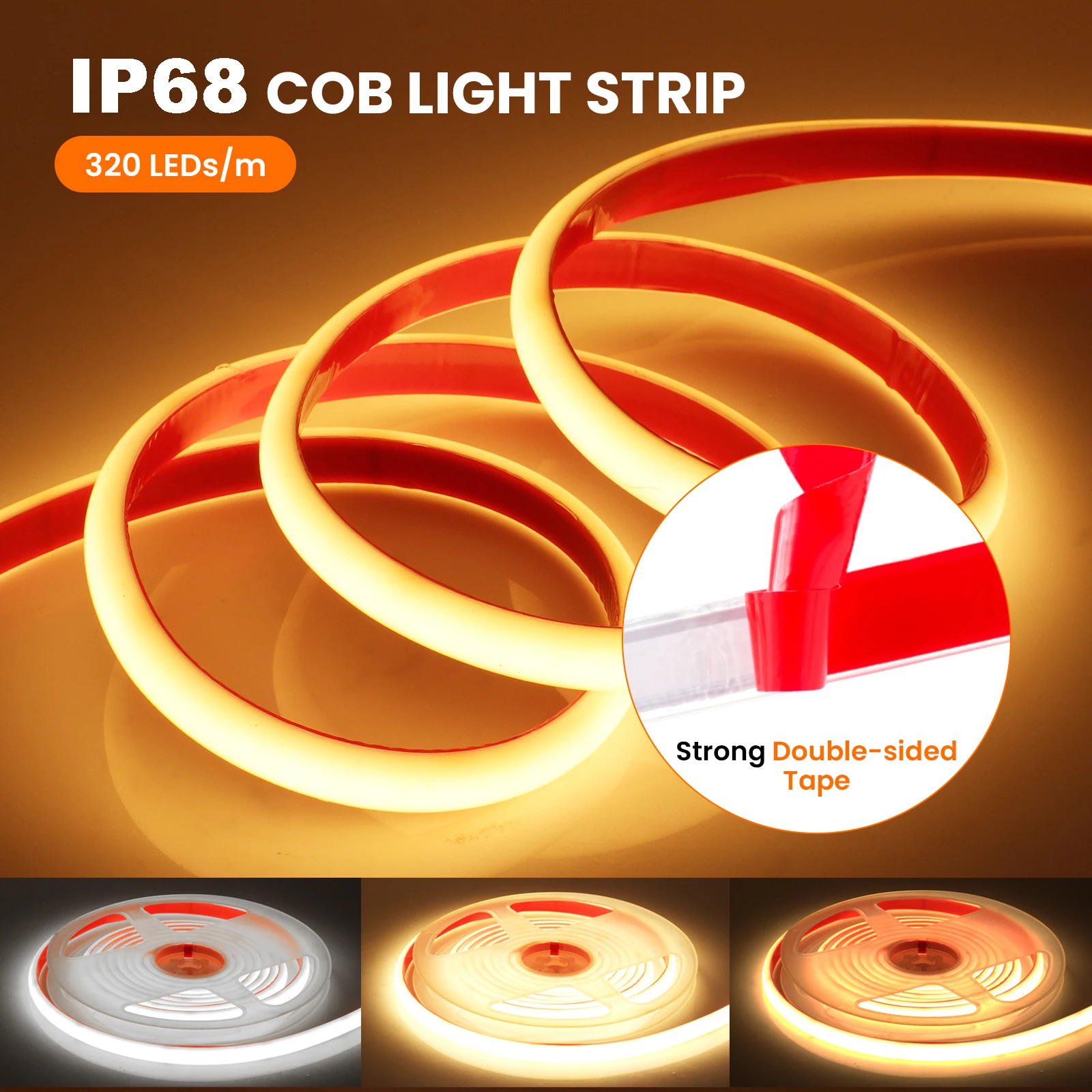 

IP68 Waterproof COB Neon LED Strip Light 12V 24V RA90 Flexible COB Light Tape 320LEDs/m High Density Linear Lighting 5m 10m 20m