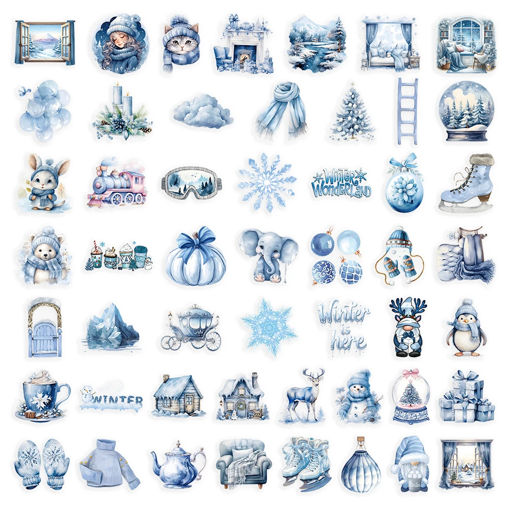 10/30/50pcs Blue Winter Watercolor Graffiti Stickers Aesthetic Decoration Decals Suitcase Notebook Phone Waterproof Sticker Pack