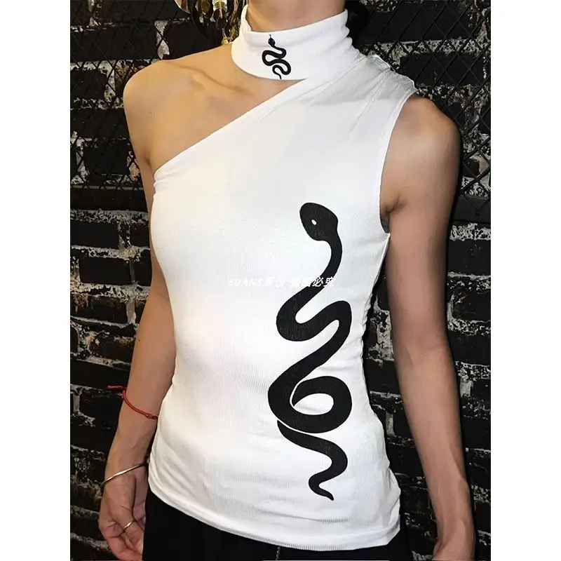 Original Snake Slanted Shoulder Tank Top with Neck Cover Spicy Girl Temperament Streetwear Slim Fit Crop Tops Grunge Y2k Top