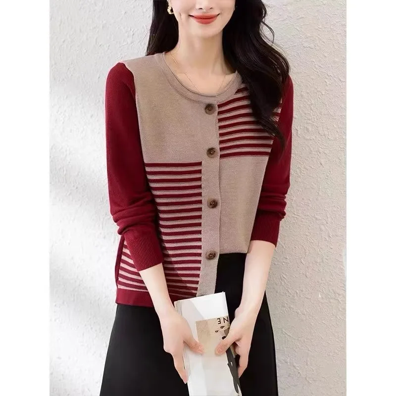 Women Commute Casual Warm Knitwear Autumn Winter Fashion Striped O-neck Knitted Cardigan Soft Comfort Wool Sweaters