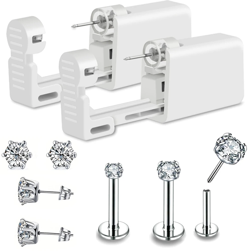 5PCS Piercing Set-2pcs Disposable Sterile Ear Piercing Gun+3Pcs Replace Threadless Clear Cz Tragus Helix Earrings Studs