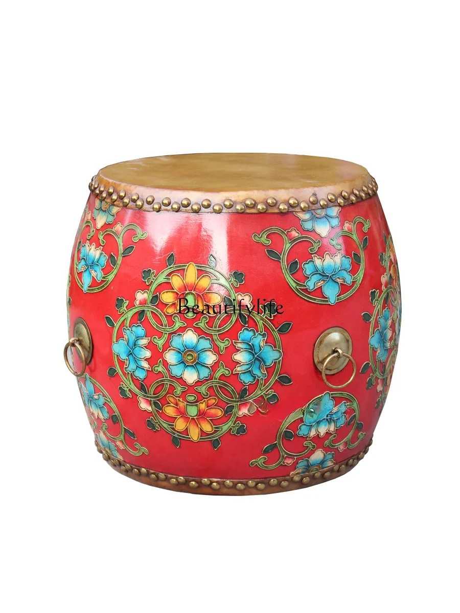 Solid Wood Painted Low Stool Antique Cowhide Solid Wood Shoes Guzheng Dressing New Chinese Style Embroidered Pier