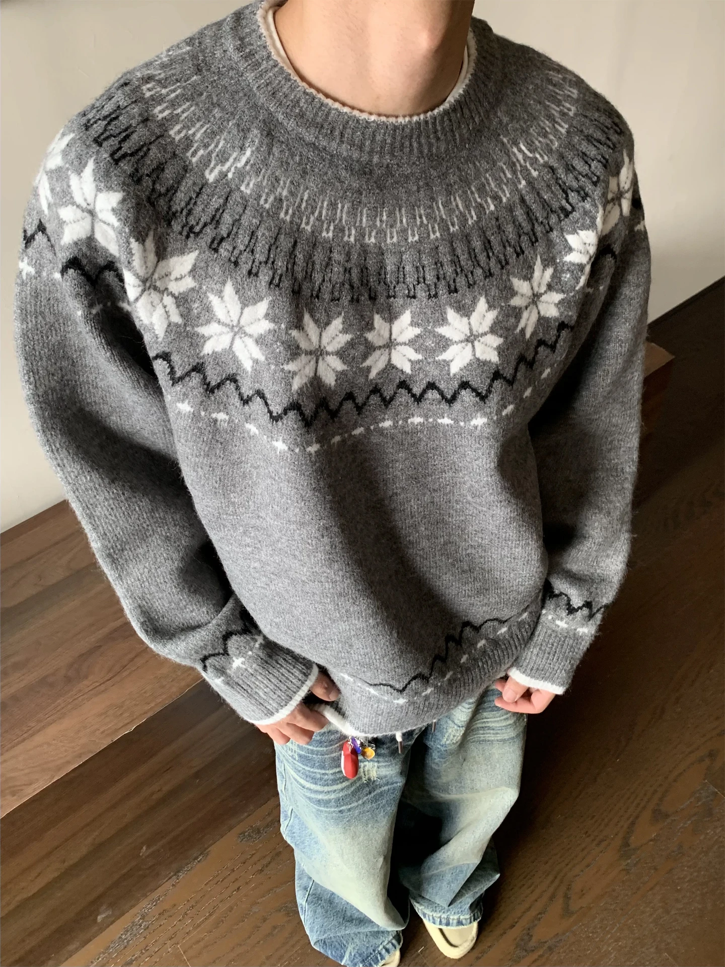 

Американский свитер с вышивкой в стиле Fair Isle и снежинками, свободный крой, повседневная вязаная одежда для молодежи, для прогулок