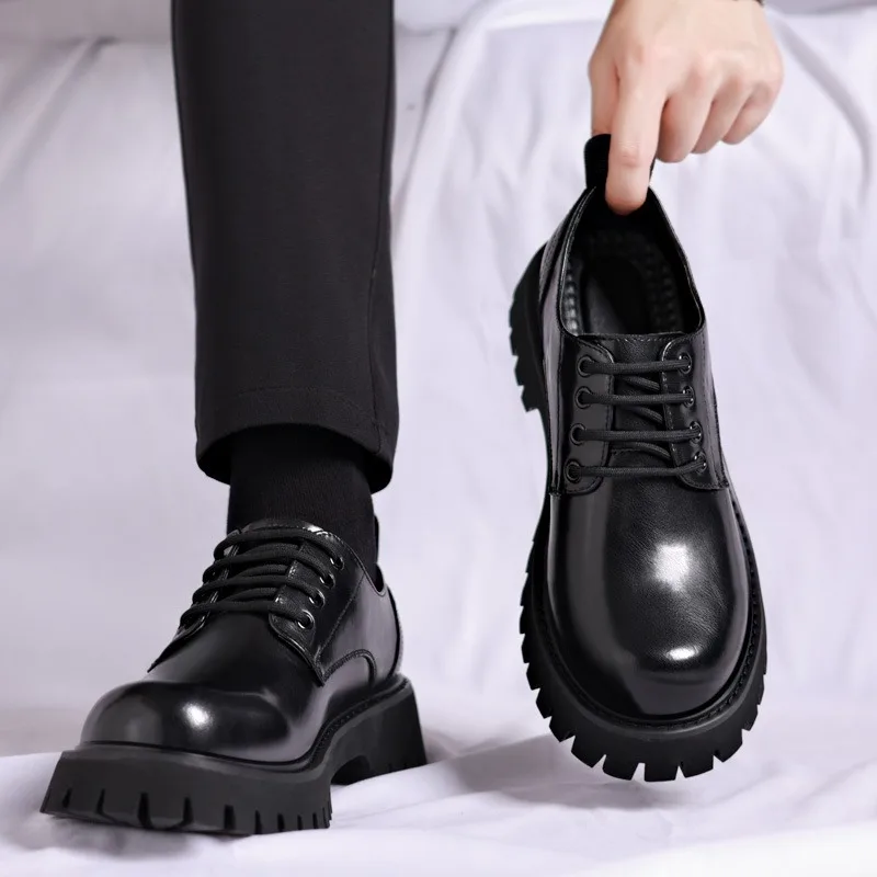 Sapatos de couro coreano dos homens de negócios designer outono inverno preto mocassins moda masculina retro grande cabeça sapatos plataforma homem