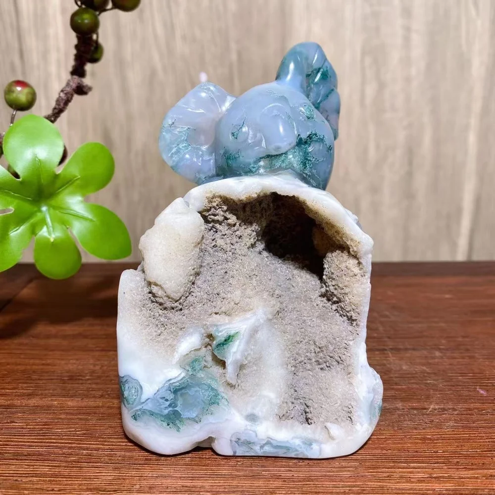 Natural Handmade Crystal Moss Agate Koala Carving Ornament Cute Mineral Crafts Creative Home Decoration Birthday Animal Gifts