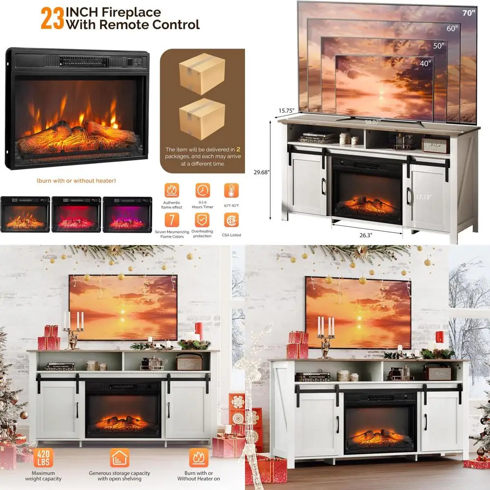 70 TV & 23 iReplace with Sliding Barn Door, White & Barnwood Media Storage Cabinet for Living Room