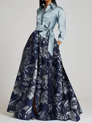 Fashion Floral Printing Maxi Dresses Patchwork Turndown Collar Long Sleeve Bowknot Pocket Long Dress Party Wedding Evening Dress