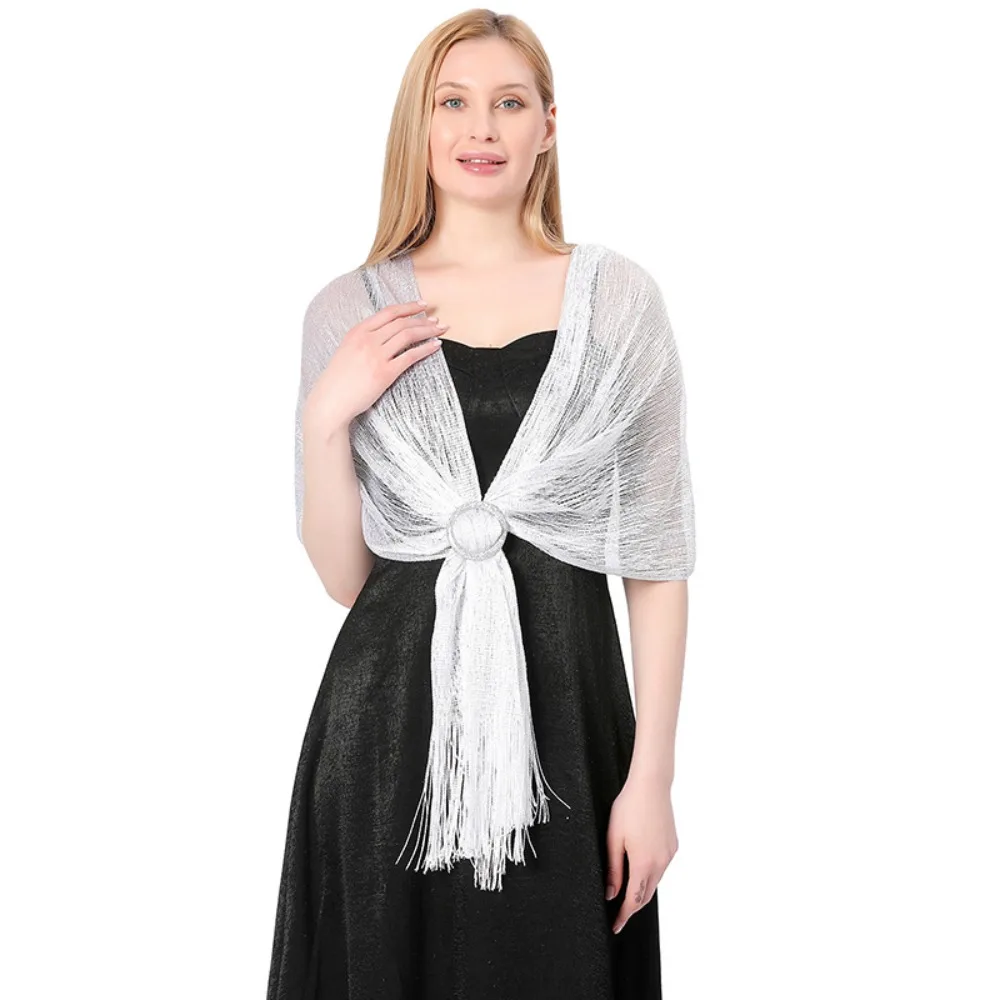 Fashion Bridal Sparkling Metallic Scarf Wedding Party with Buckle Evening Dresses Shawl Bridesmaid Gold Silver Shiny Shawls view 4