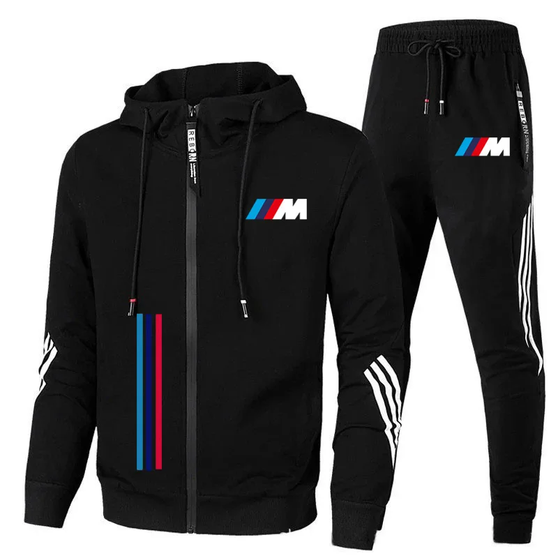 2025 trendy BMW men's running sports set hooded zipper cardigan sweatshirt casual fashion two piece set