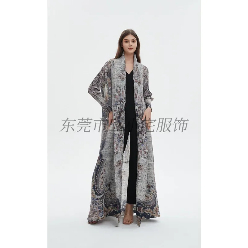 KAF Pleated Large Size Women Trench Coat 2024 Spring and Autumn New Vintage Printed Design Luxury Female Coat Arabian Abaya